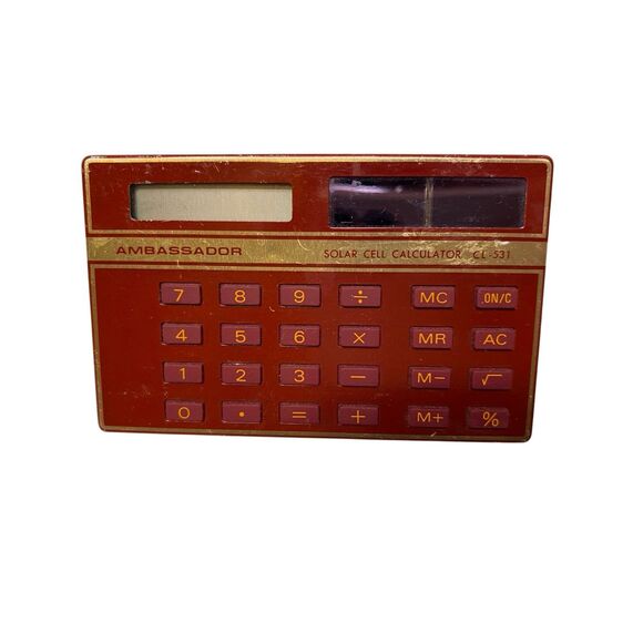 Ambassador CL-531 Vintage Red Solar Calculator Gold Trim Retro 1980s Collectible - Picture 1 of 7